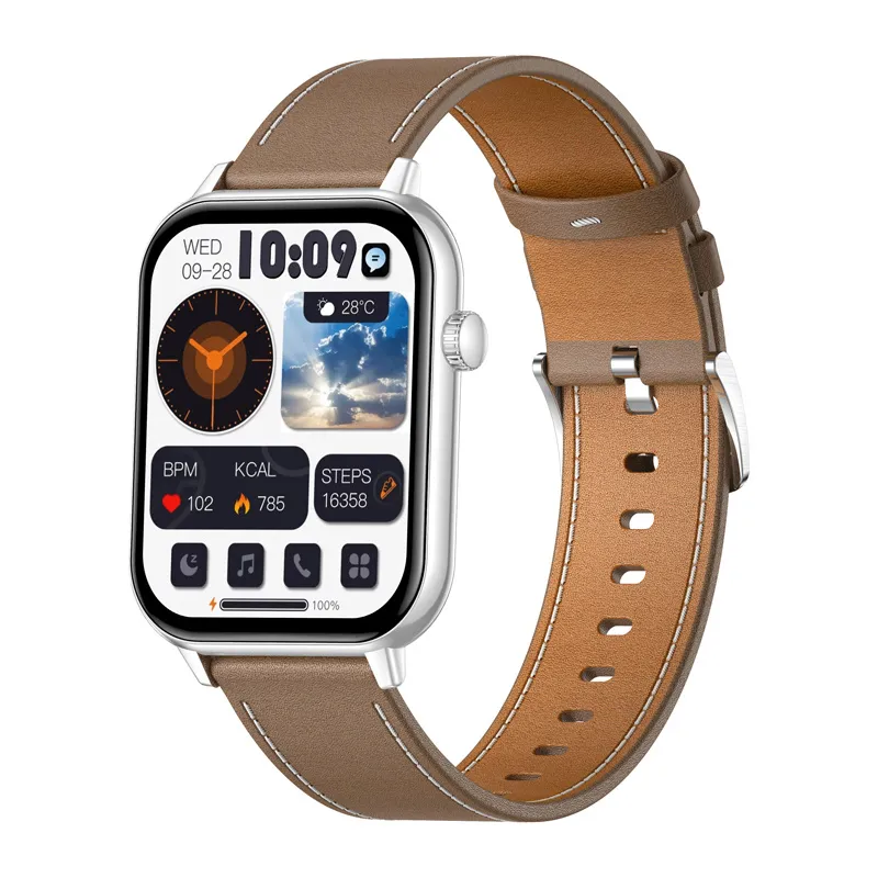 COLMI C28 Smartwatch – Silver + Brown Leather Strap